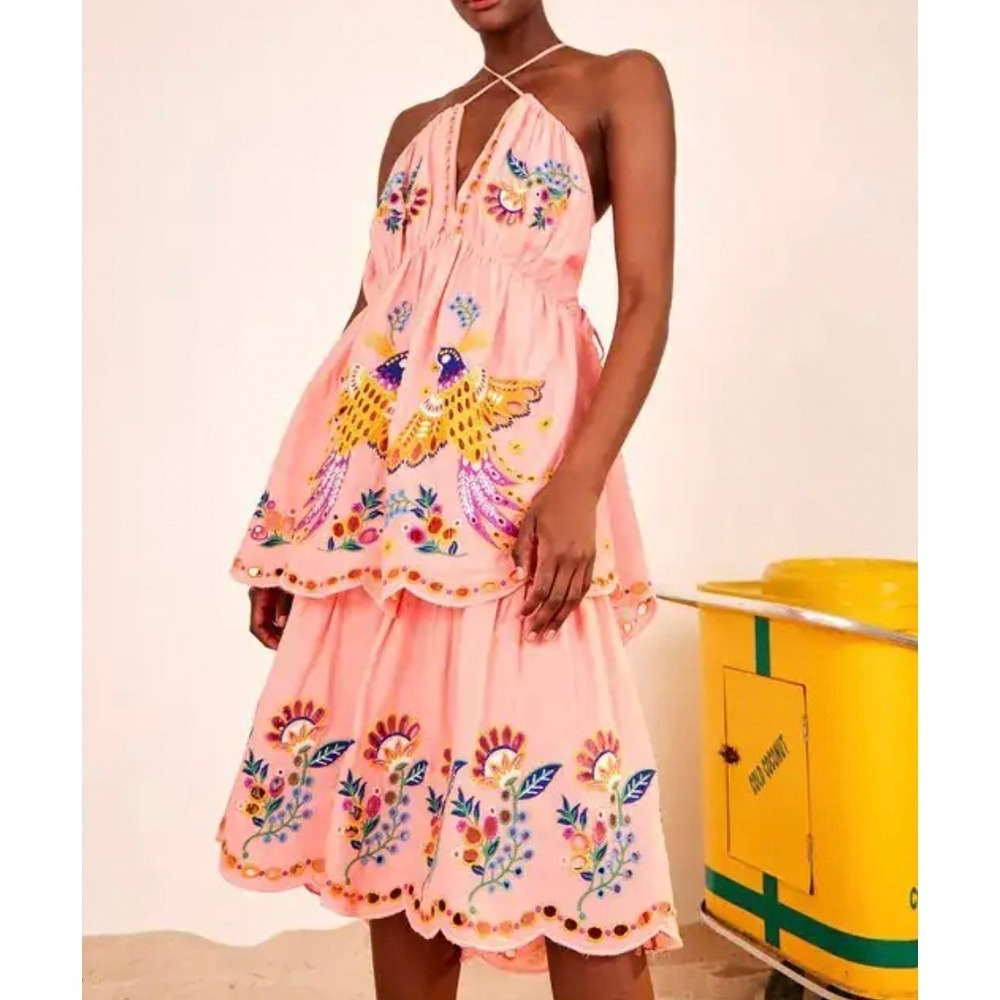 FARM Rio Pink Embroidered Tiered Midi Dress